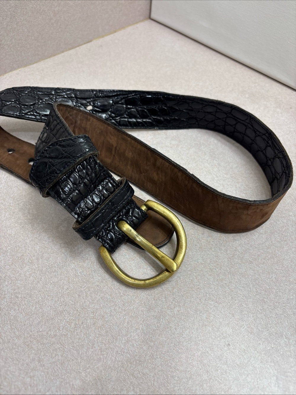JOHNNY FARAH GENUINE CROCODILE BELT Wide Black Heavy Brass Buckle Size 42”